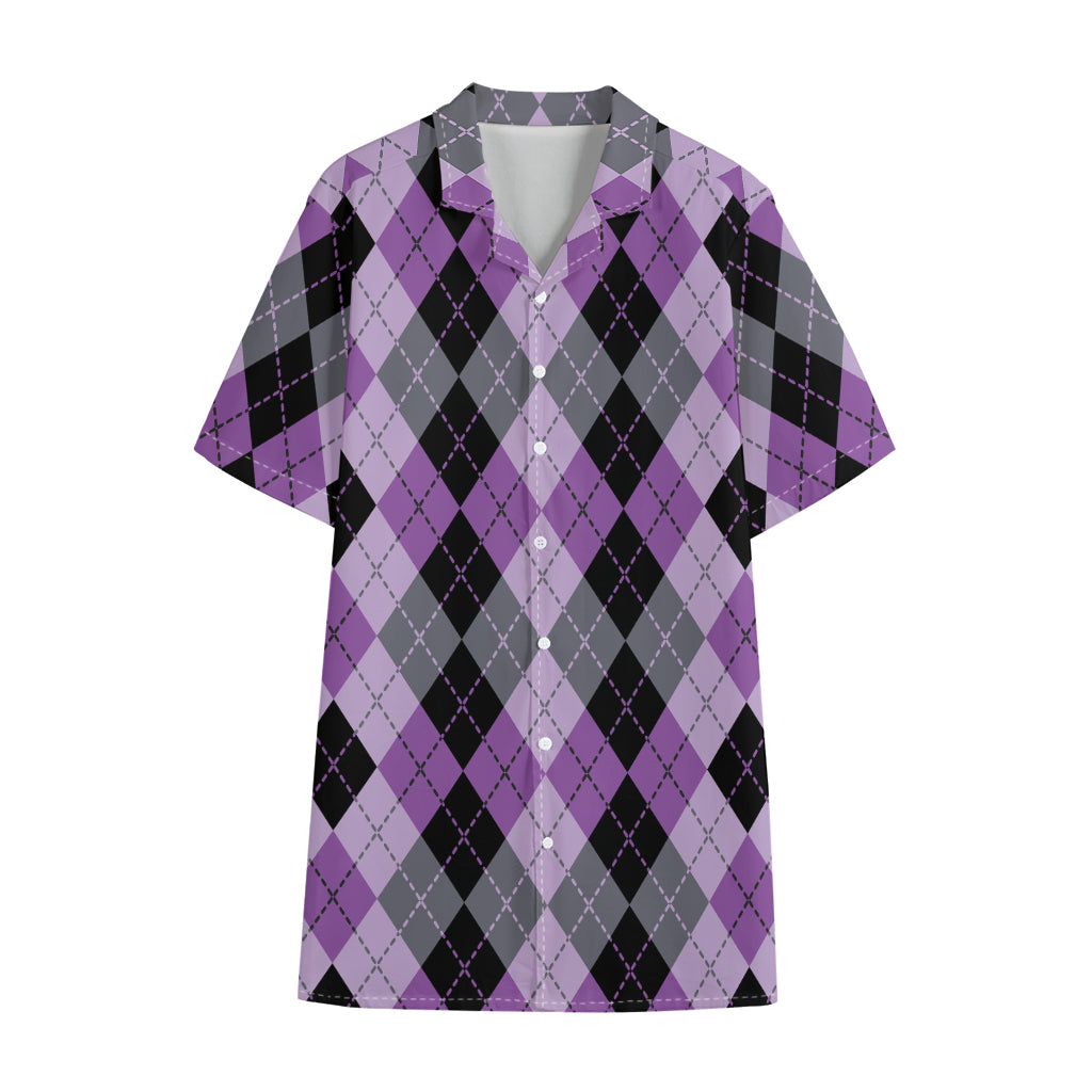 Black Grey And Violet Argyle Print Cotton Hawaiian Shirt