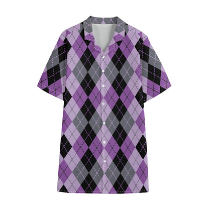 Black Grey And Violet Argyle Print Cotton Hawaiian Shirt
