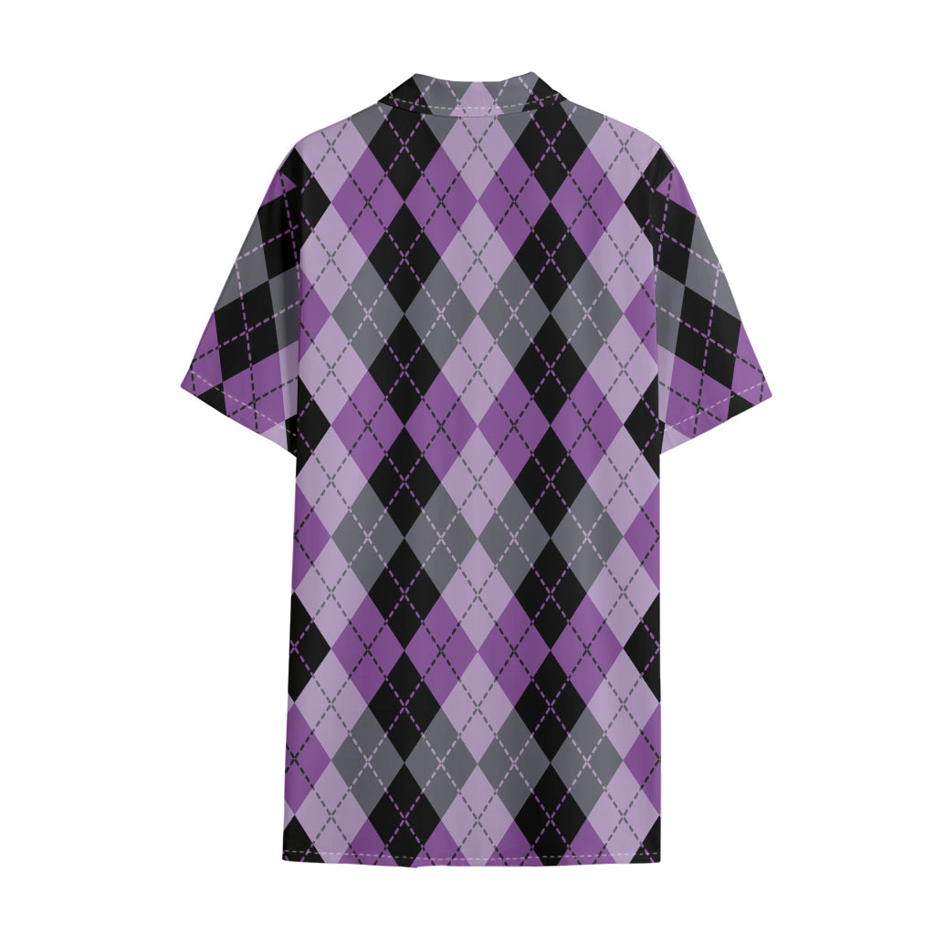 Black Grey And Violet Argyle Print Cotton Hawaiian Shirt