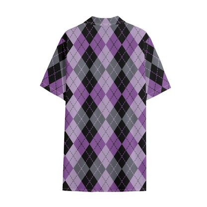 Black Grey And Violet Argyle Print Cotton Hawaiian Shirt