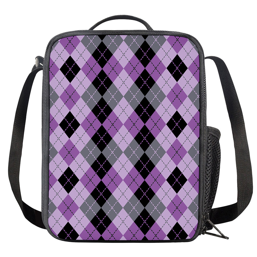 Black Grey And Violet Argyle Print Crossbody Lunch Bag