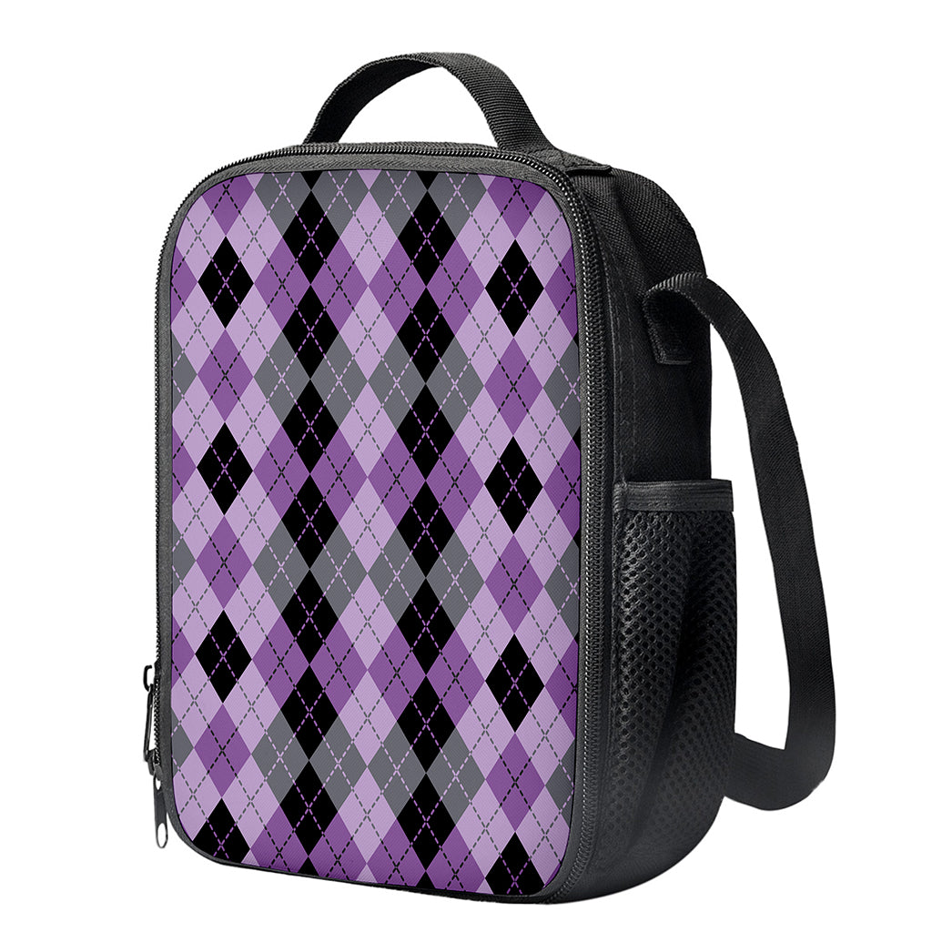Black Grey And Violet Argyle Print Crossbody Lunch Bag