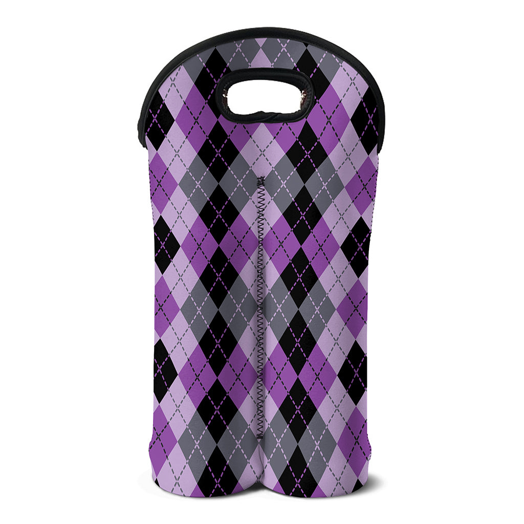 Black Grey And Violet Argyle Print Double Neoprene Wine Tote