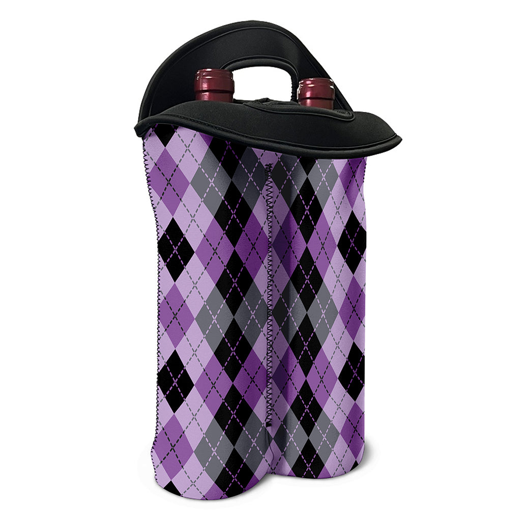 Black Grey And Violet Argyle Print Double Neoprene Wine Tote