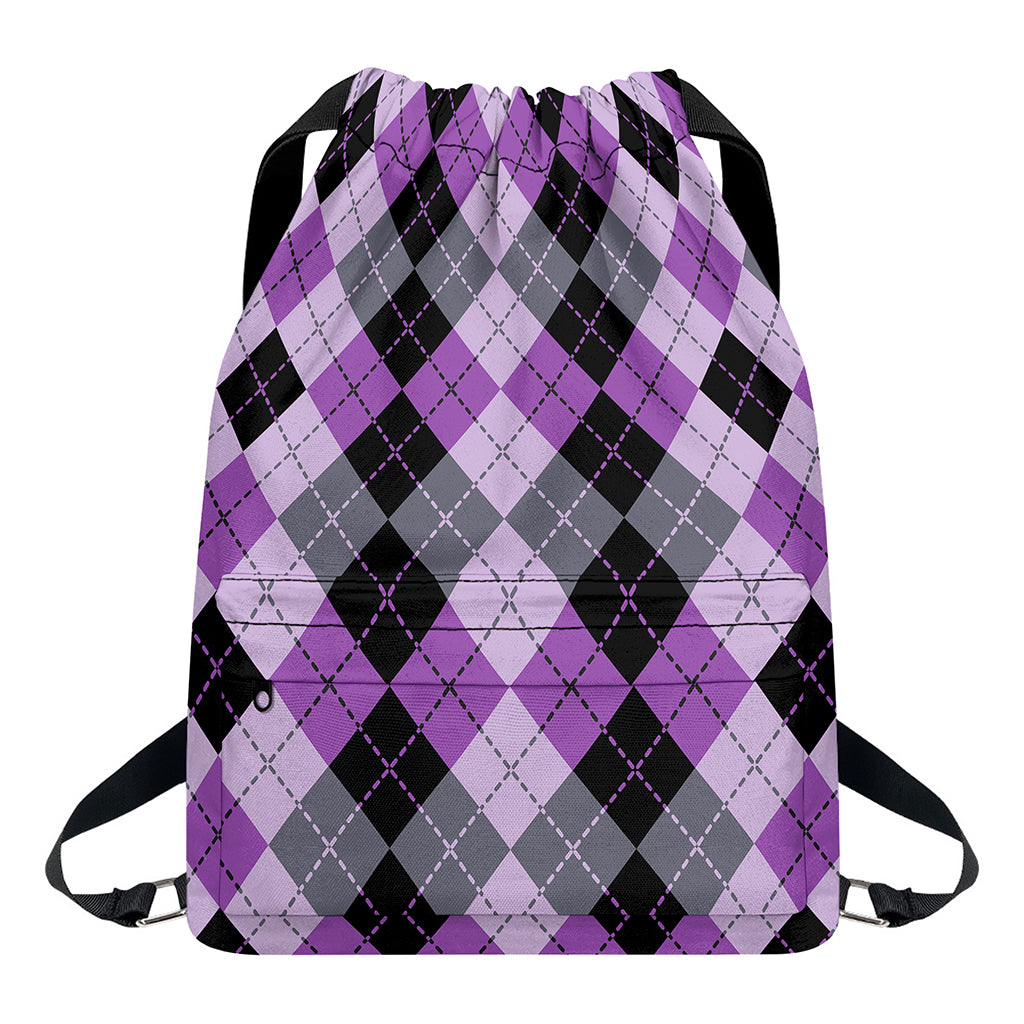 Black Grey And Violet Argyle Print Drawstring Backpack