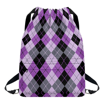 Black Grey And Violet Argyle Print Drawstring Backpack