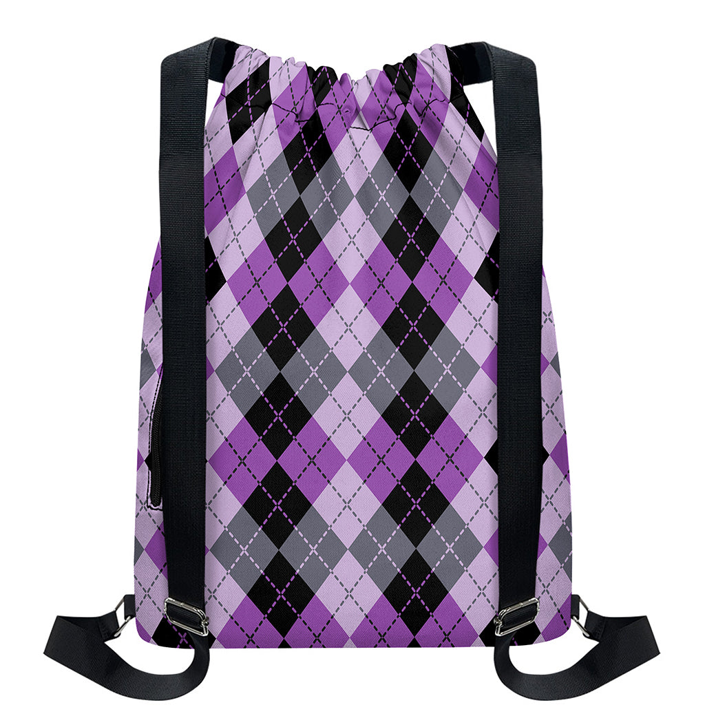 Black Grey And Violet Argyle Print Drawstring Backpack