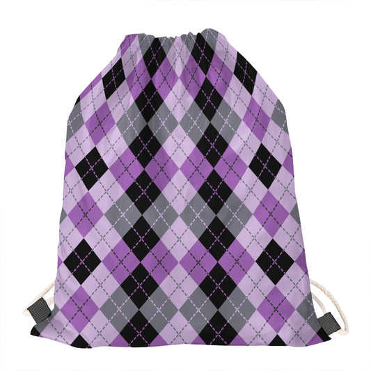 Black Grey And Violet Argyle Print Drawstring Bag