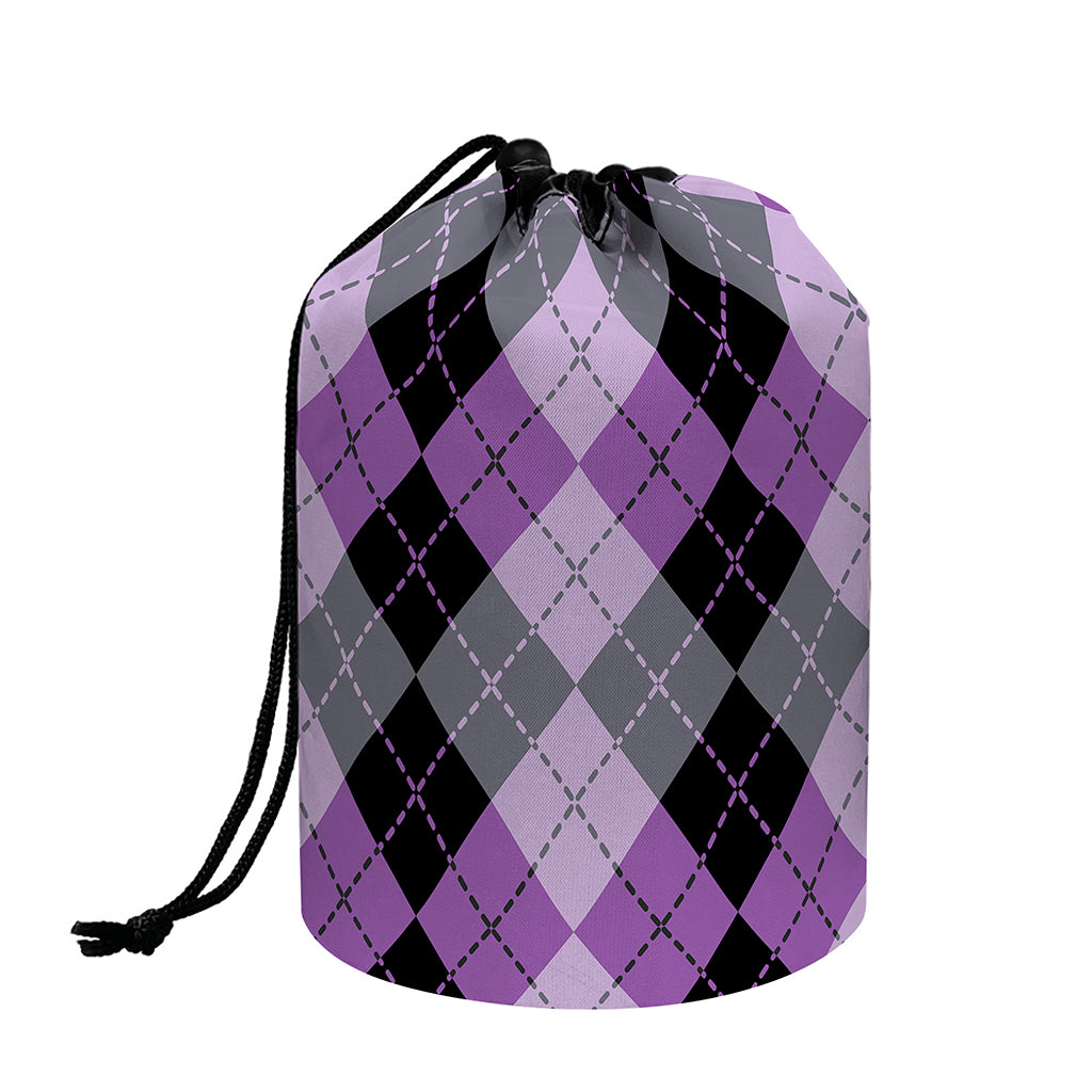 Black Grey And Violet Argyle Print Drawstring Makeup Bag