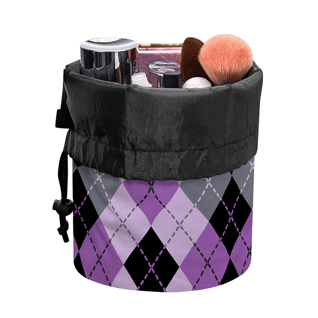 Black Grey And Violet Argyle Print Drawstring Makeup Bag