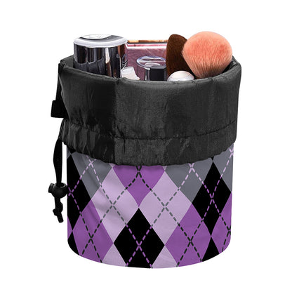 Black Grey And Violet Argyle Print Drawstring Makeup Bag