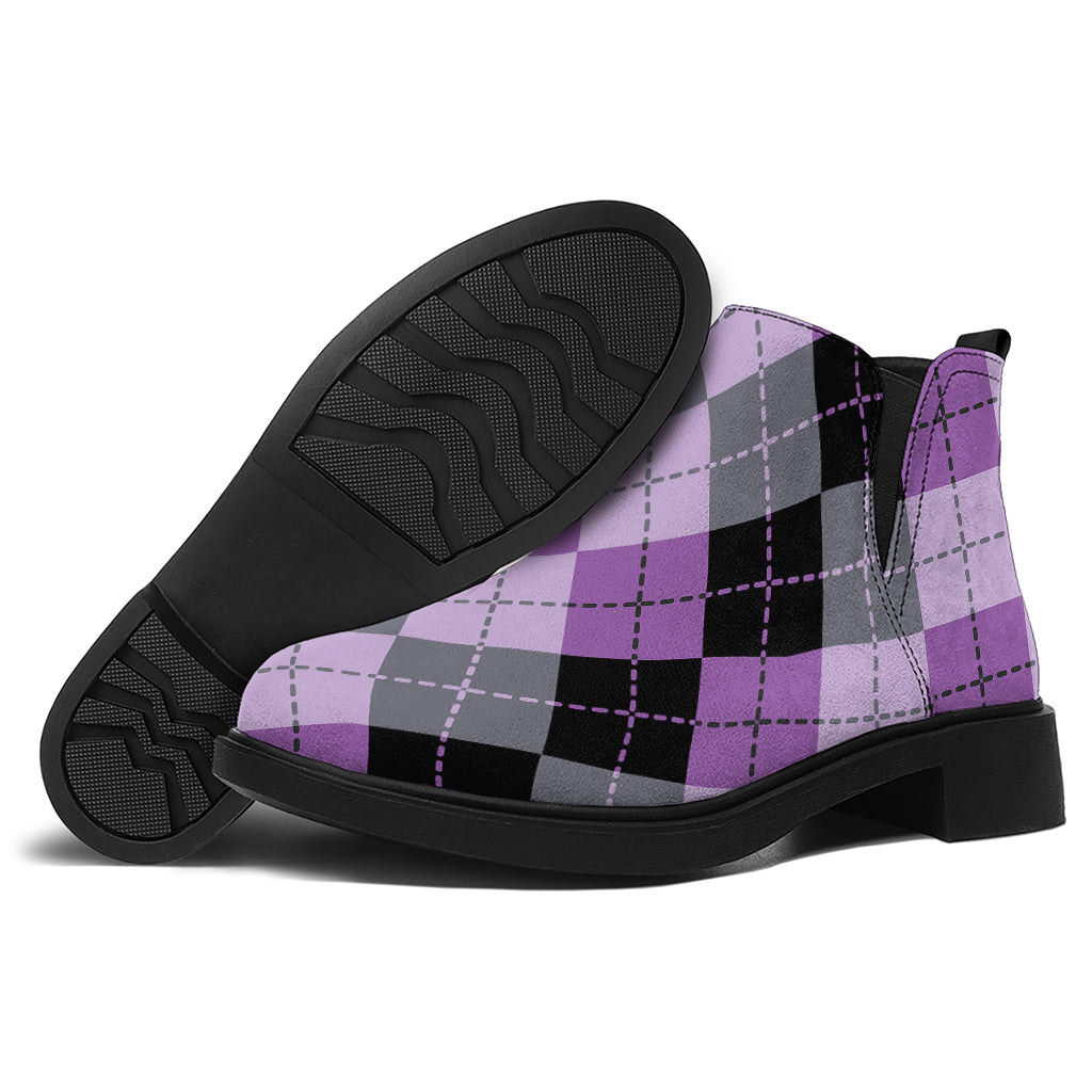 Black Grey And Violet Argyle Print Flat Ankle Boots