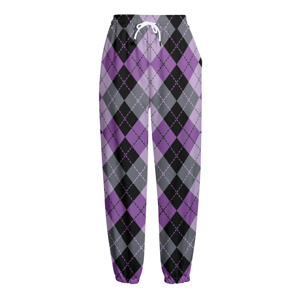 Black Grey And Violet Argyle Print Fleece Lined Knit Pants
