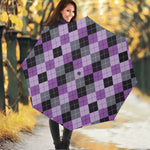 Black Grey And Violet Argyle Print Foldable Umbrella