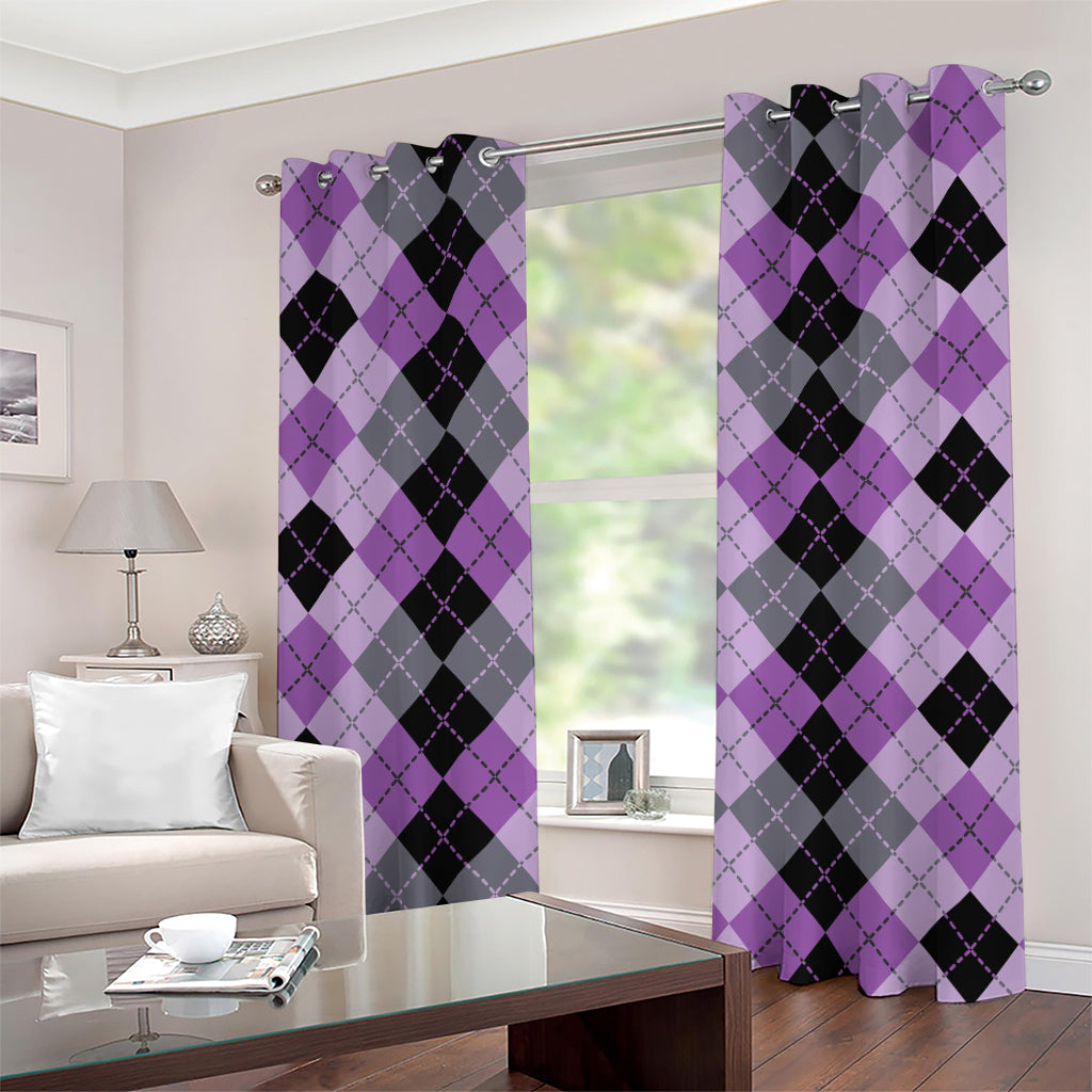 Black Grey And Violet Argyle Print Grommet Curtains