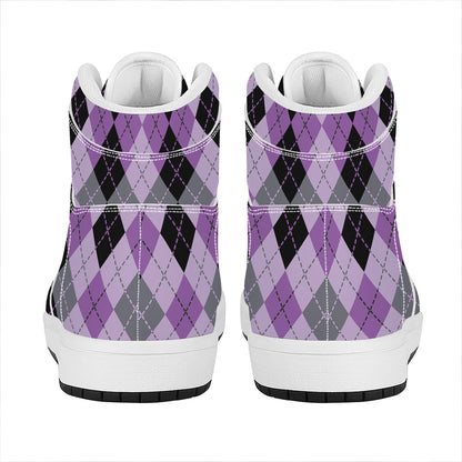 Black Grey And Violet Argyle Print High Top Leather Sneakers