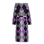 Black Grey And Violet Argyle Print Hooded Bathrobe