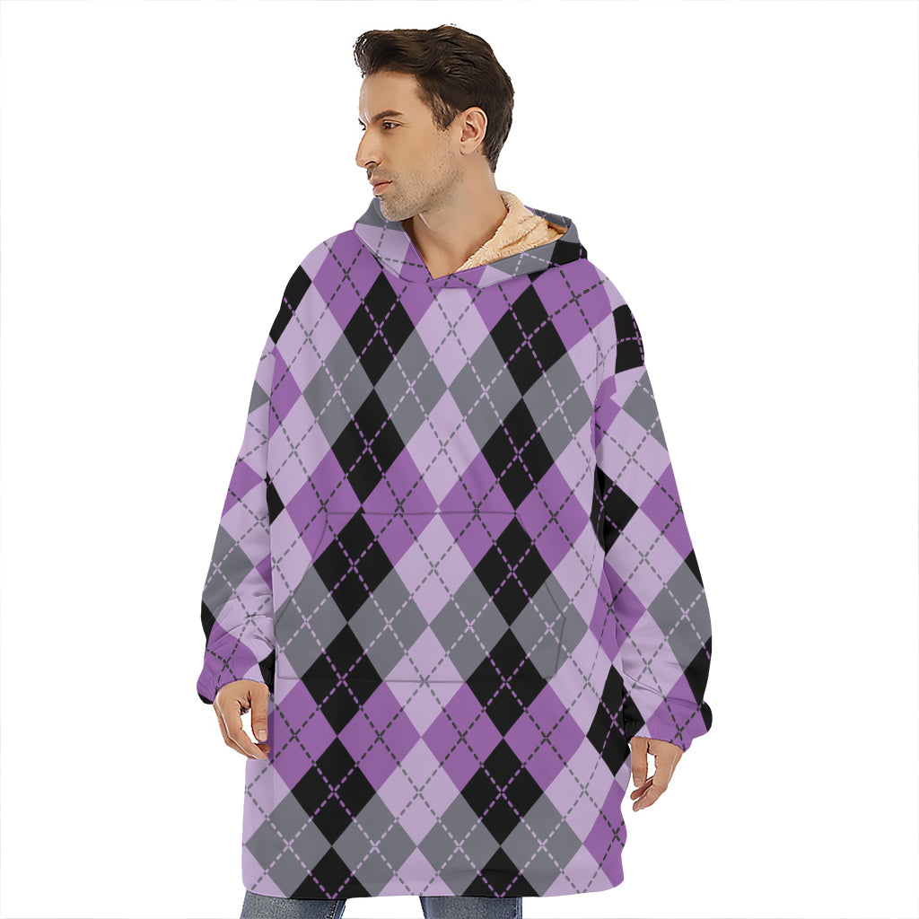 Black Grey And Violet Argyle Print Hoodie Blanket