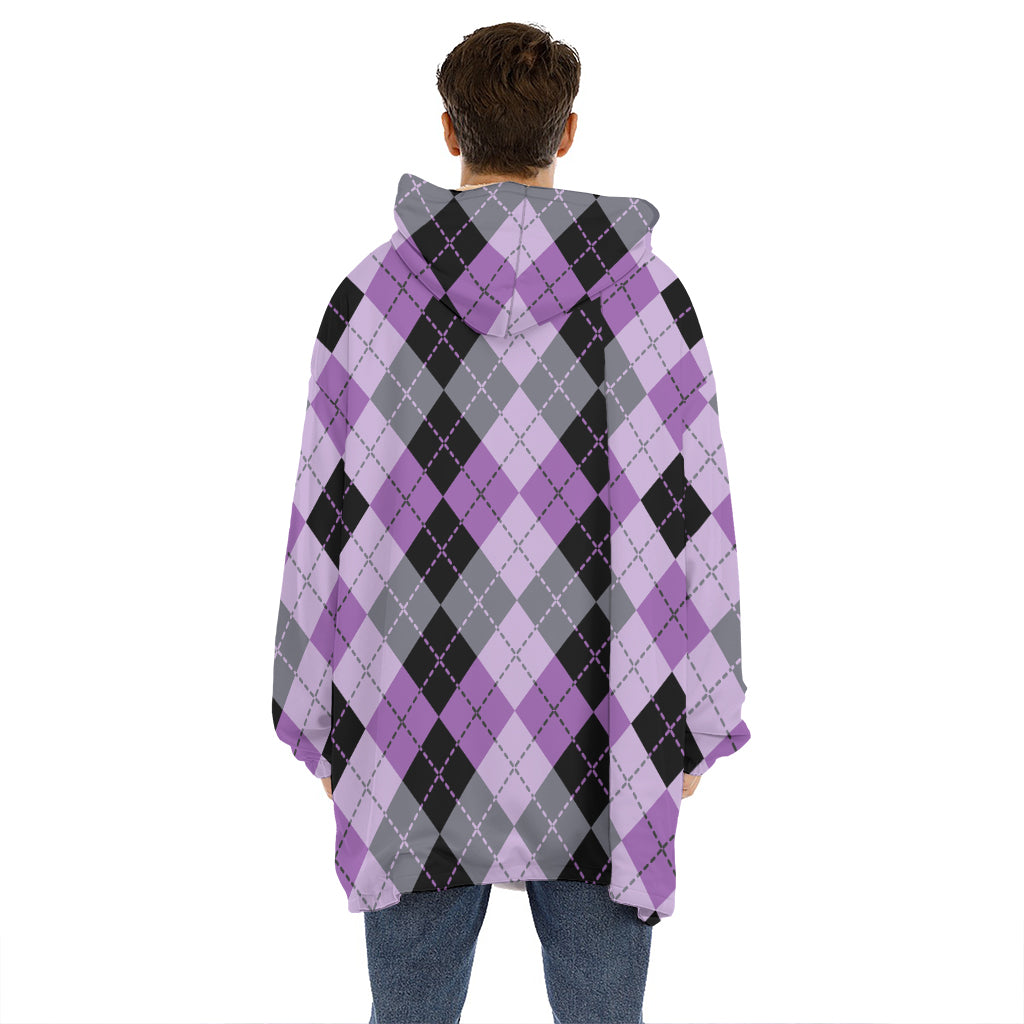 Black Grey And Violet Argyle Print Hoodie Blanket