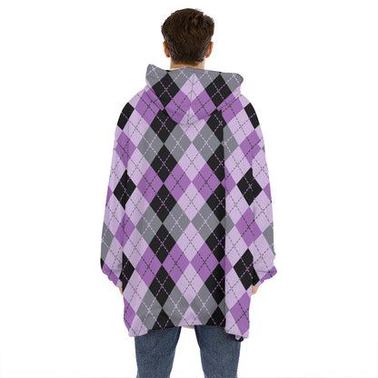 Black Grey And Violet Argyle Print Hoodie Blanket