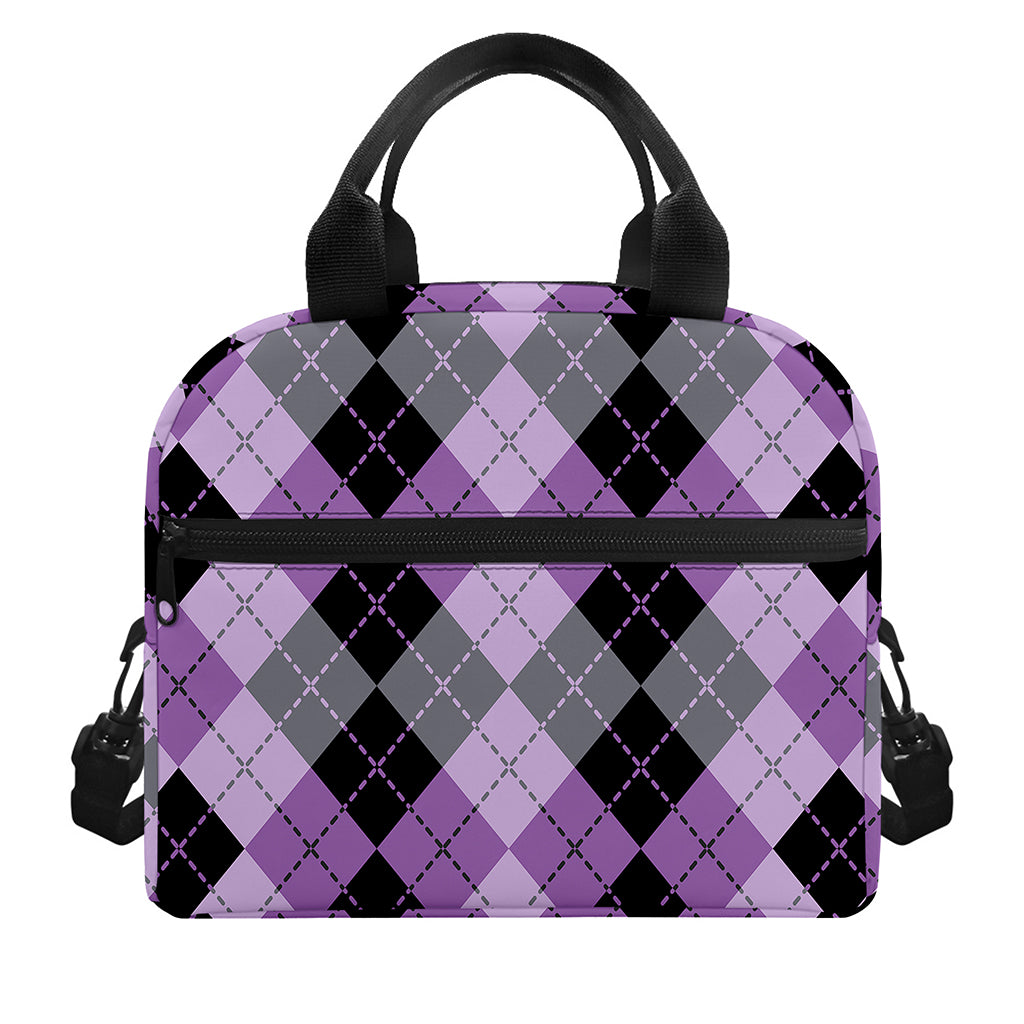 Black Grey And Violet Argyle Print Insulated Lunch Bag