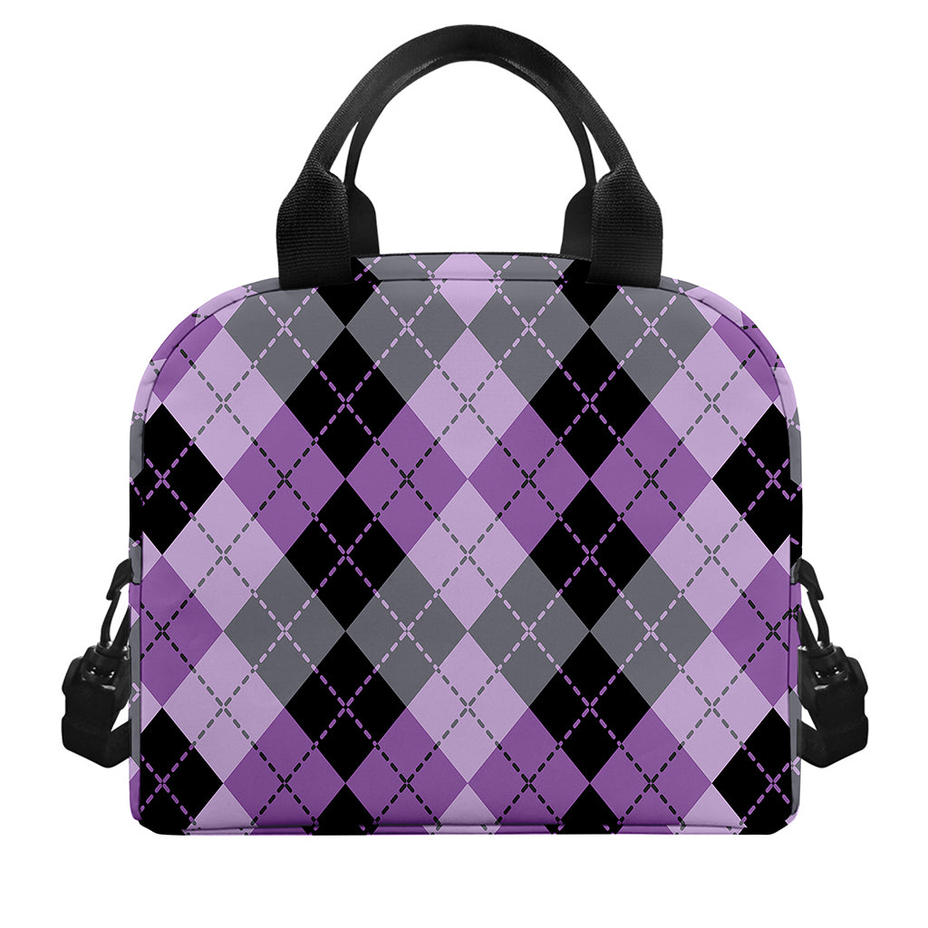 Black Grey And Violet Argyle Print Insulated Lunch Bag