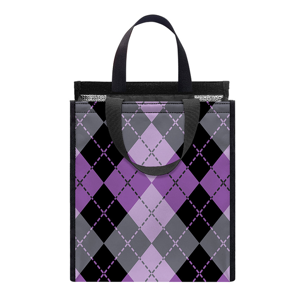 Black Grey And Violet Argyle Print Insulated Lunch Tote