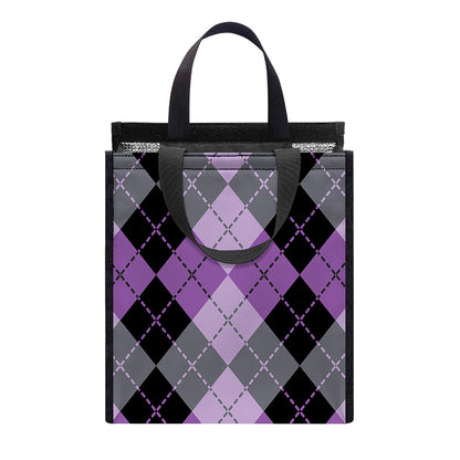 Black Grey And Violet Argyle Print Insulated Lunch Tote