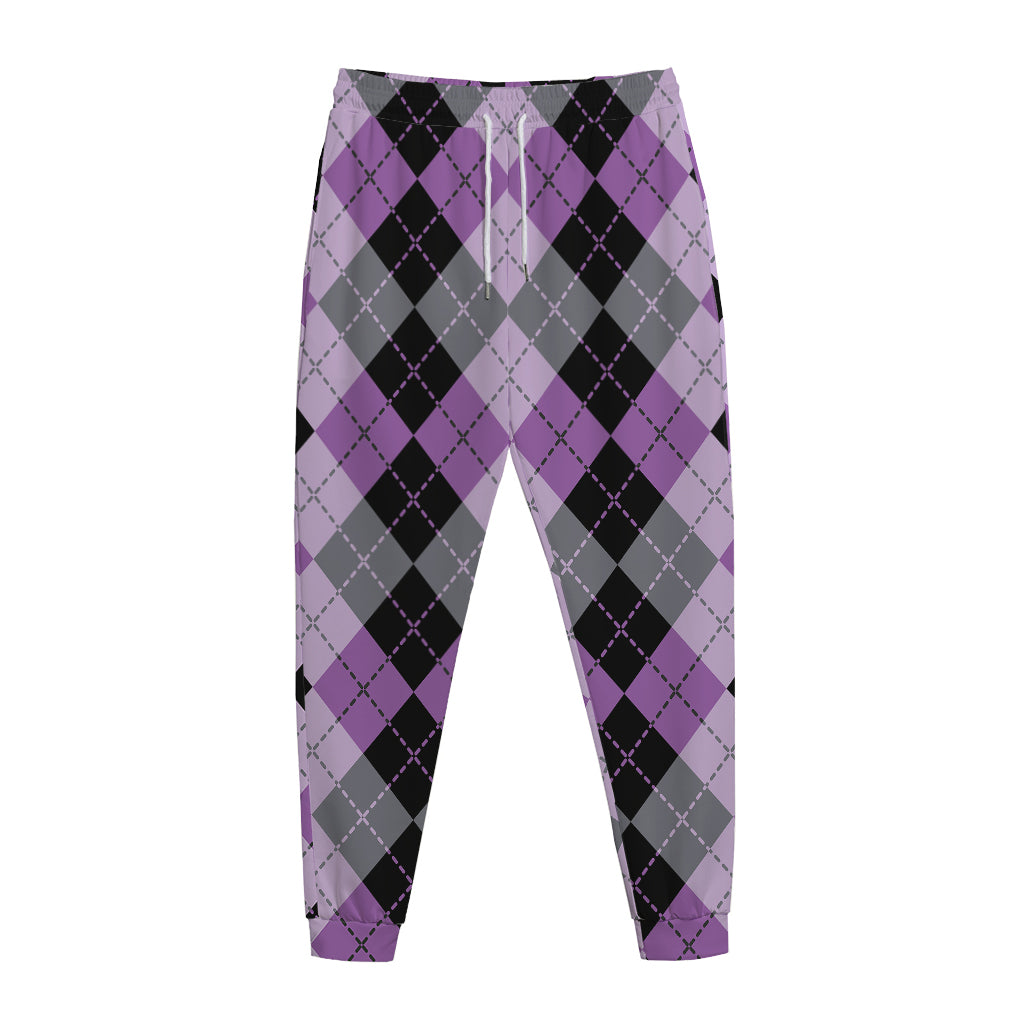 Black Grey And Violet Argyle Print Jogger Pants