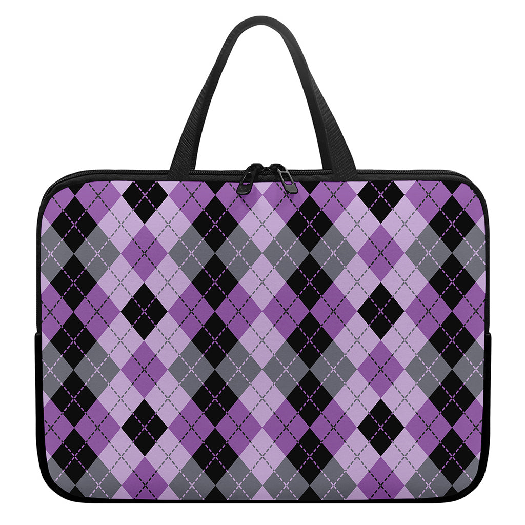 Black Grey And Violet Argyle Print Laptop Sleeve With Handle