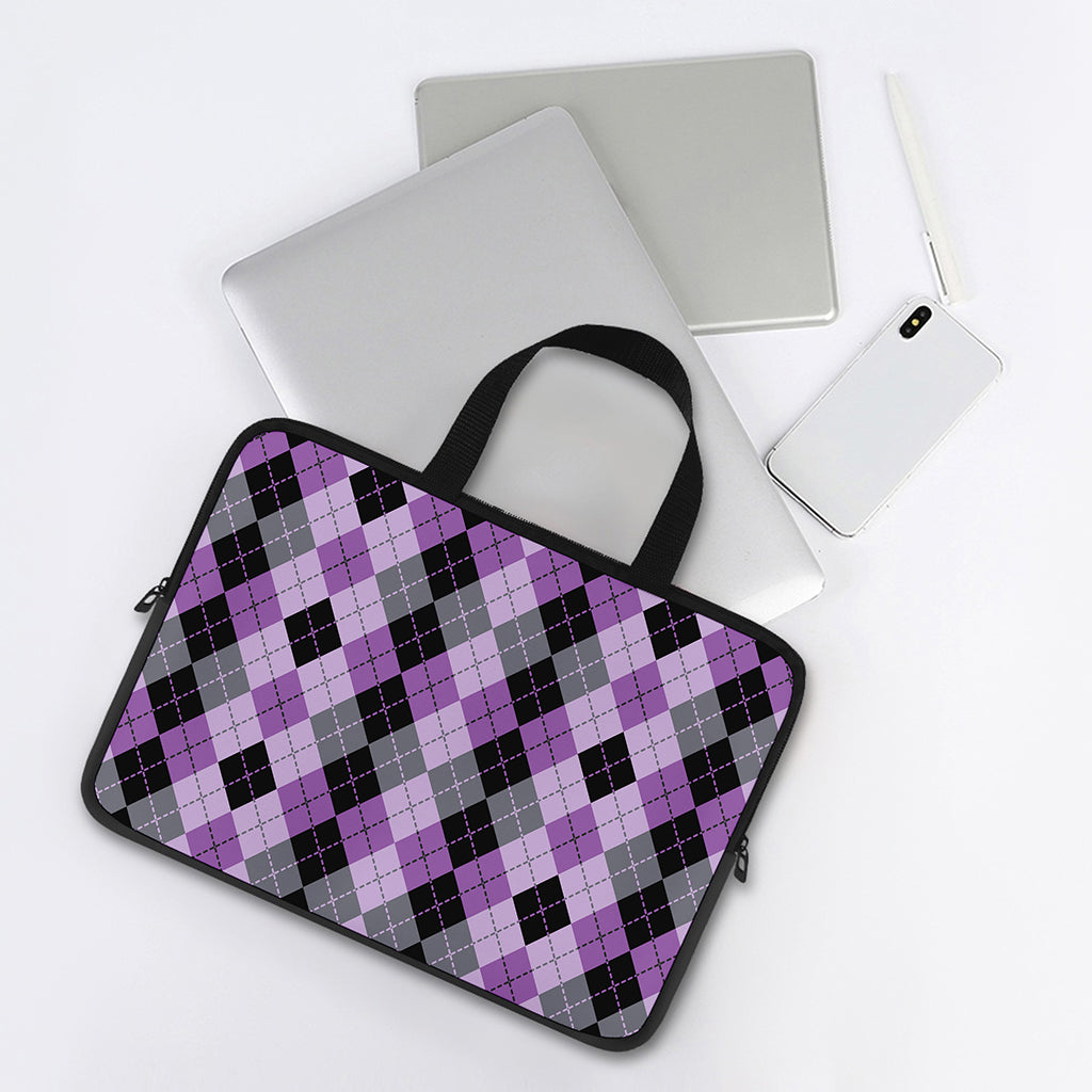 Black Grey And Violet Argyle Print Laptop Sleeve With Handle
