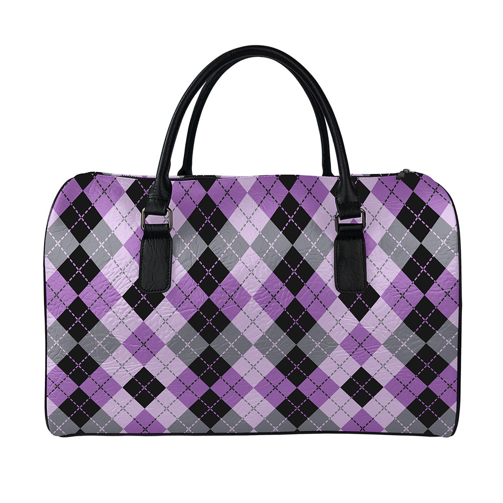 Black Grey And Violet Argyle Print Leather Duffle Bag