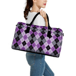 Black Grey And Violet Argyle Print Leather Duffle Bag