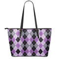 Black Grey And Violet Argyle Print Leather Tote Bag With Zipper