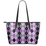 Black Grey And Violet Argyle Print Leather Tote Bag