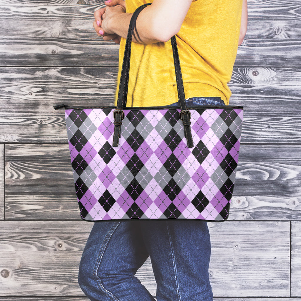 Black Grey And Violet Argyle Print Leather Tote Bag