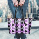 Black Grey And Violet Argyle Print Leather Tote Bag