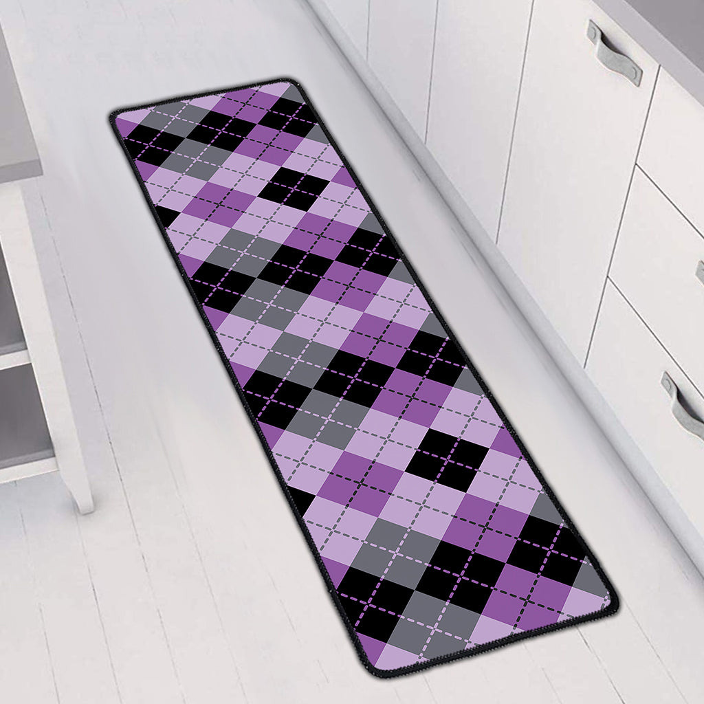 Black Grey And Violet Argyle Print Long Kitchen Mat