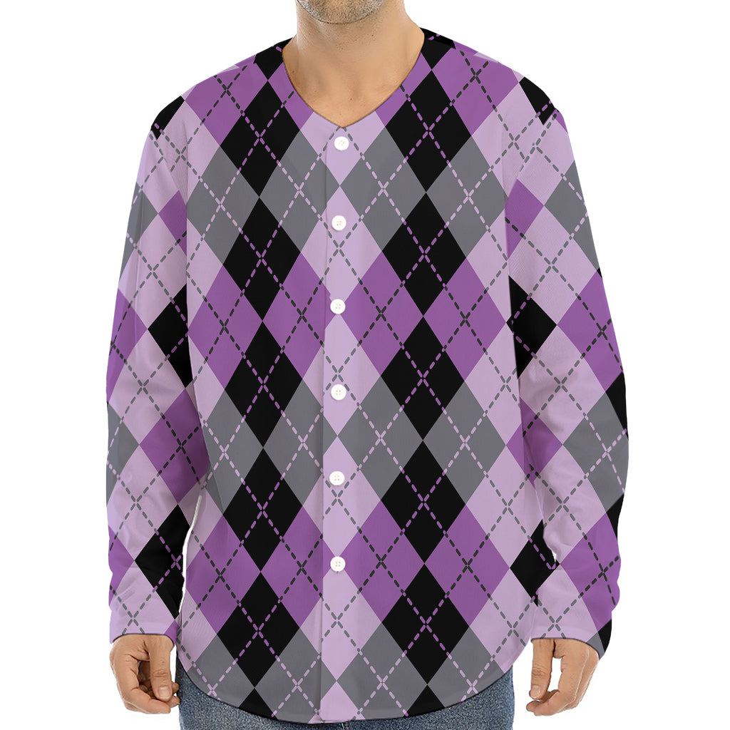 Black Grey And Violet Argyle Print Long Sleeve Baseball Jersey