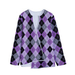 Black Grey And Violet Argyle Print Long Sleeve Short Coat