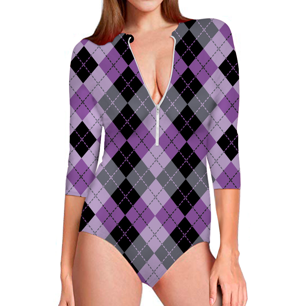 Black Grey And Violet Argyle Print Long Sleeve Swimsuit