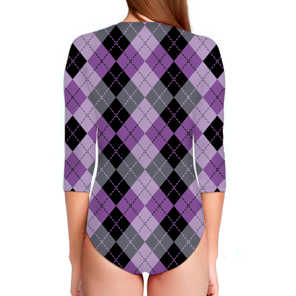 Black Grey And Violet Argyle Print Long Sleeve Swimsuit