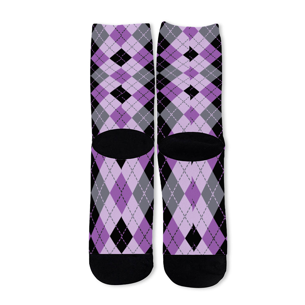 Black Grey And Violet Argyle Print Long Socks