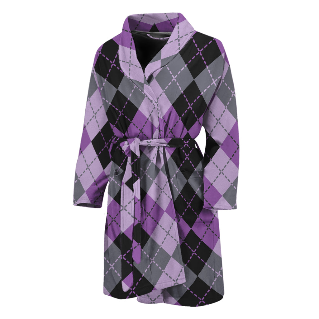 Black Grey And Violet Argyle Print Men's Bathrobe