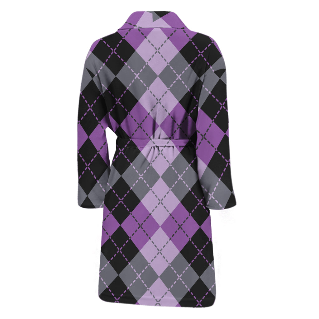 Black Grey And Violet Argyle Print Men's Bathrobe