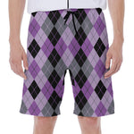Black Grey And Violet Argyle Print Men's Beach Shorts