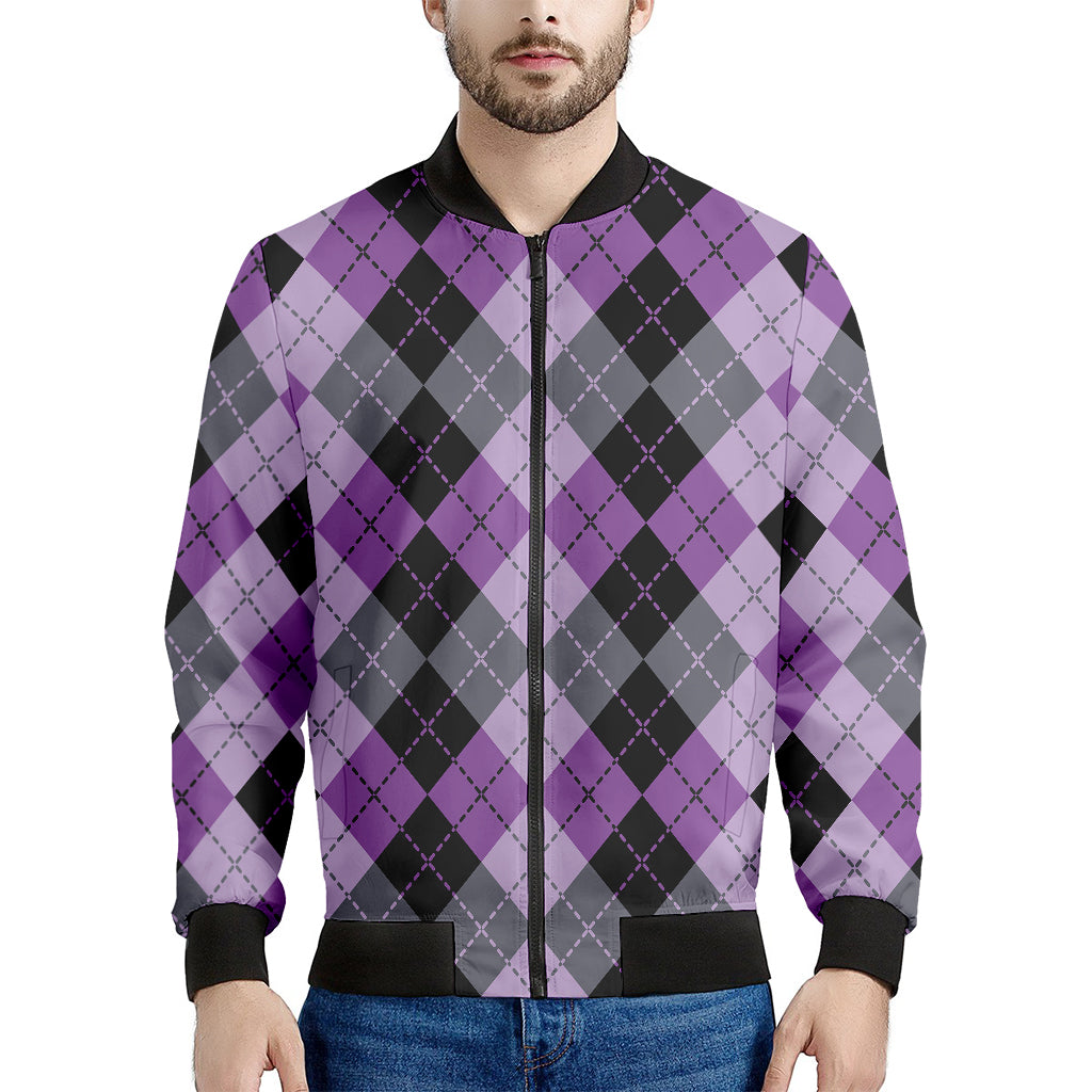 Black Grey And Violet Argyle Print Men's Bomber Jacket