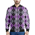 Black Grey And Violet Argyle Print Men's Bomber Jacket