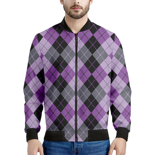 Black Grey And Violet Argyle Print Men's Bomber Jacket