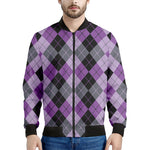 Black Grey And Violet Argyle Print Men's Bomber Jacket